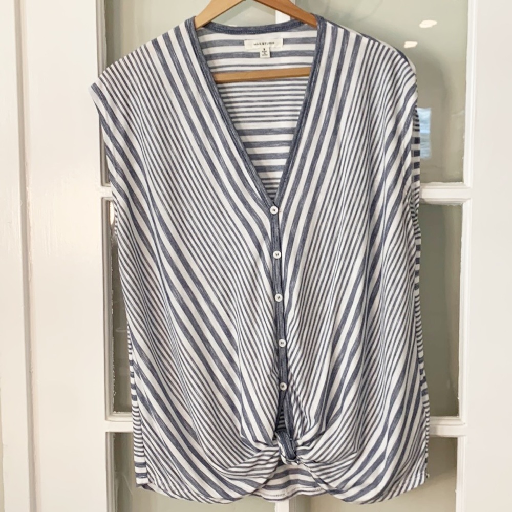 Max Studio Women’s Deep V-Neck Blue & White Striped Sleeveless Top (Size S)